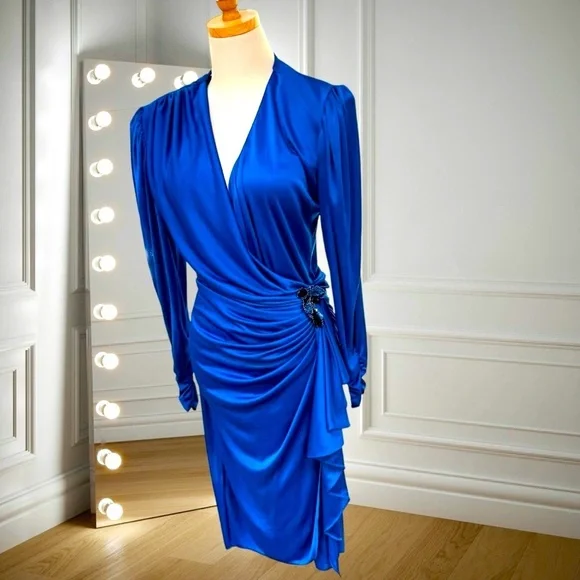 Vintage | Dresses | Vintage 97s Royal Blue Glam Satin Dress W Beaded  Appliqu Accent | Poshmark